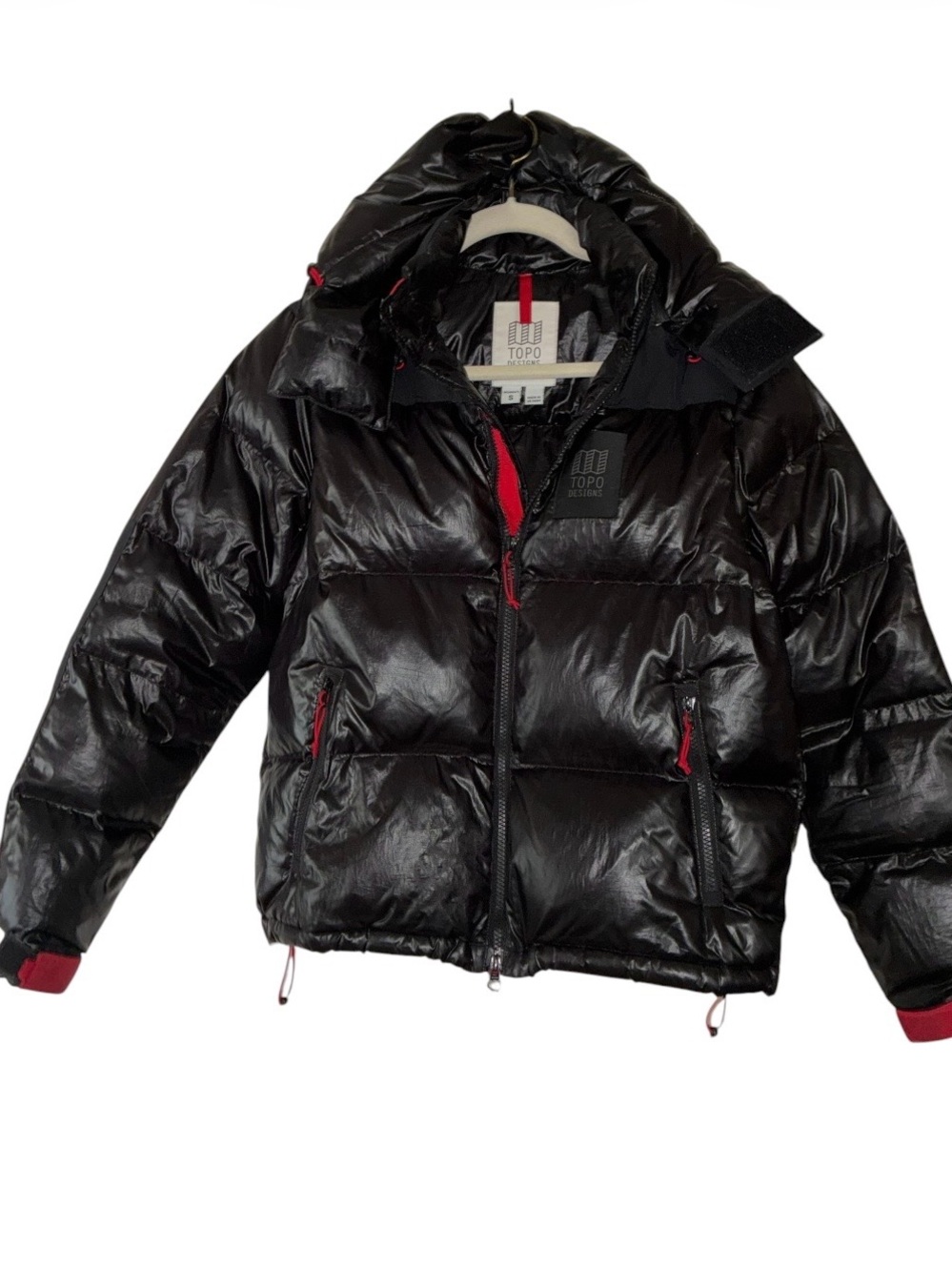 TOPO Designs Women’s Black Puffer Jacket with hood Dunk Down. Sz S